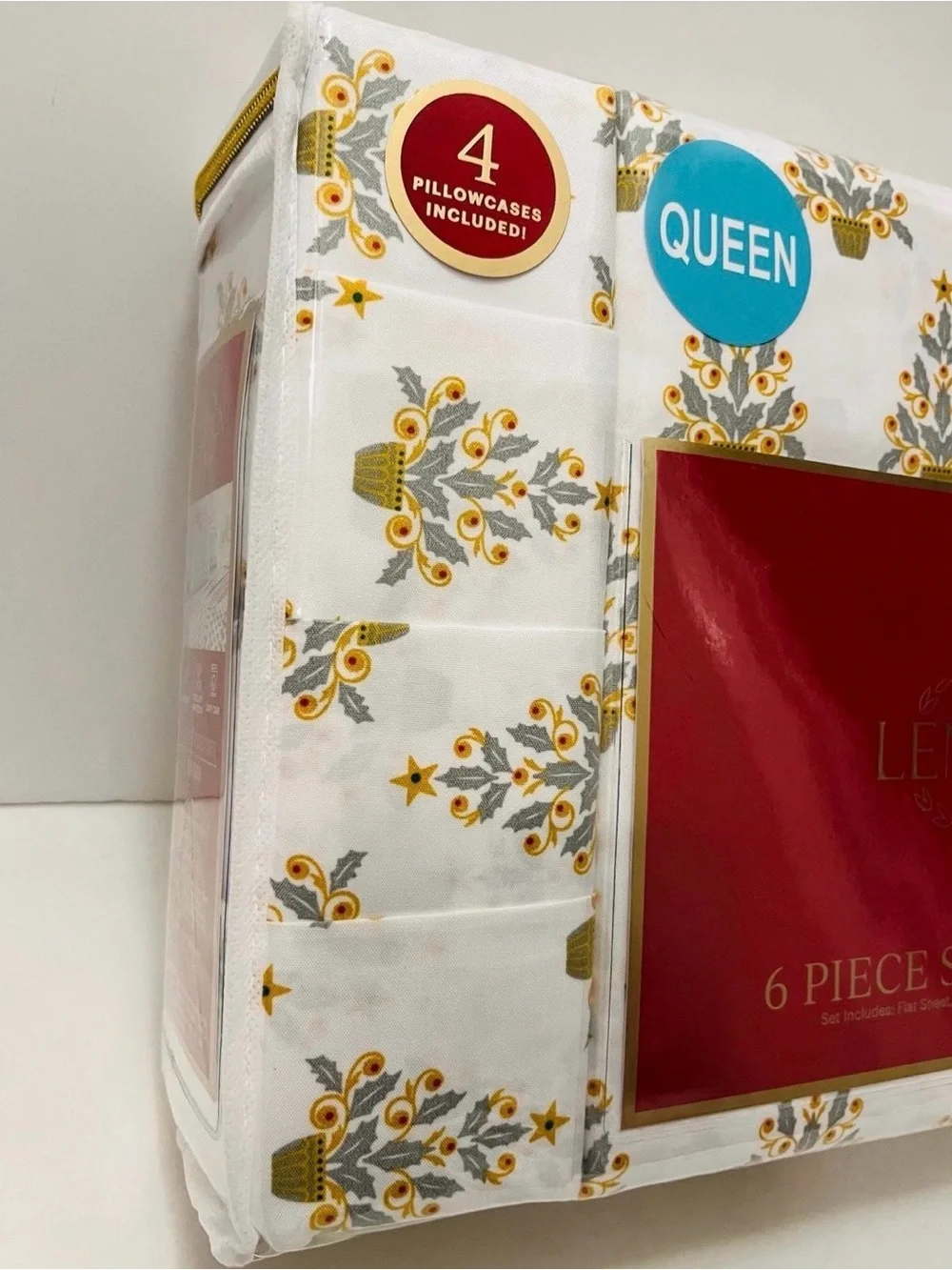 Lenox Queen Size 6 Piece Sheet Set Christmas Trees White Yellow Gray Green Red